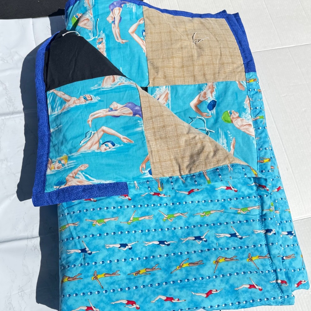 Handmade Sports Patchwork Quilt Swimming Blue Reversible Blanket 60x80"